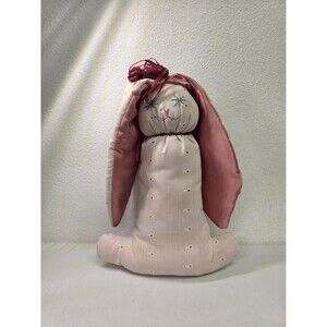 Vintage handmade pink Rag fabric doll rabbit bunny folk art cottagecore boho